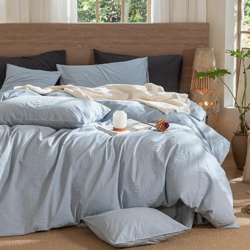 MooMee Wavy Striped Duvet Cover Set 100% Washed Cotton Linen Like Textured Breathable Durable Soft Comfy (Cornflower Blue, Cal King 104"x98") - Image 6