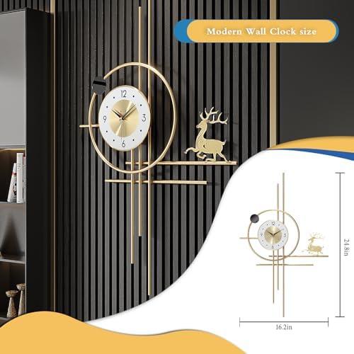 Modern Gold Wall Clock Large Decorative Deer Wall Clock, Minimalist Geometric Metal Art Hanging Clock for Living Room, Entryway, Office, Fireplace Decor, Silent Non-Ticking Battery Operated 23x38'' - Image 4