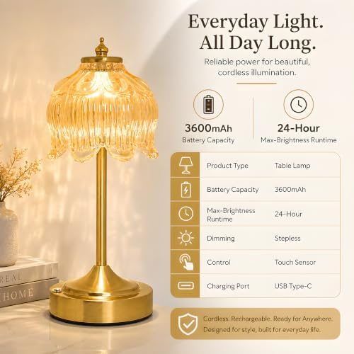 Lotus Flower Table Lamp, Cordless Rechargeable Amber Glass Bedside Lamp | 3600mAh Battery, Touch Control, 3 Color Modes & Stepless Dimming for Bedroom, Nightstand Golden 1PC - Image 7