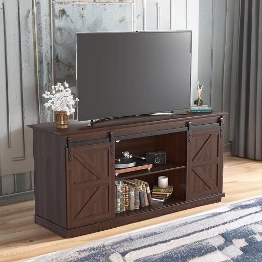JUMMICO TV Stand for 65 Inch TV, Sliding Barn Doors, Brown - Image 5