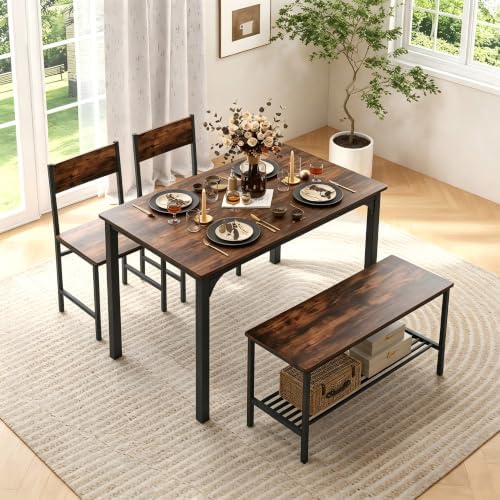 Dining Table Set for 4 with Storage Bench & 2 Chairs, Rustic Brown by BUYNOW