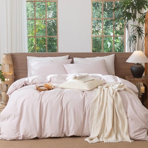 MooMee Striped Duvet Cover Set 100% Washed Cotton Linen Like King by MOOMEE