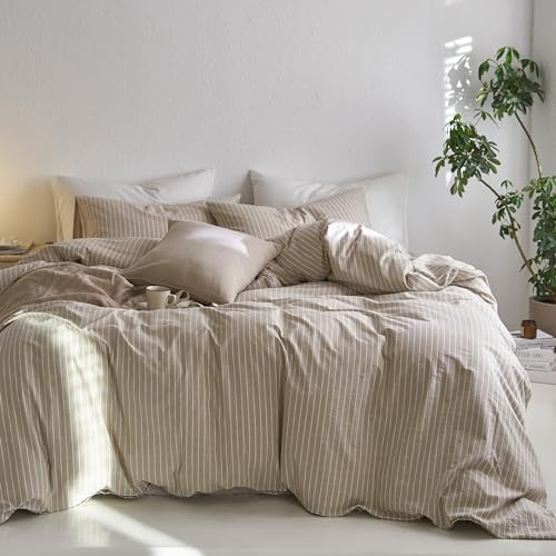 MooMee Striped Duvet Cover Set 100% Washed Cotton Linen Like Queen by MOOMEE