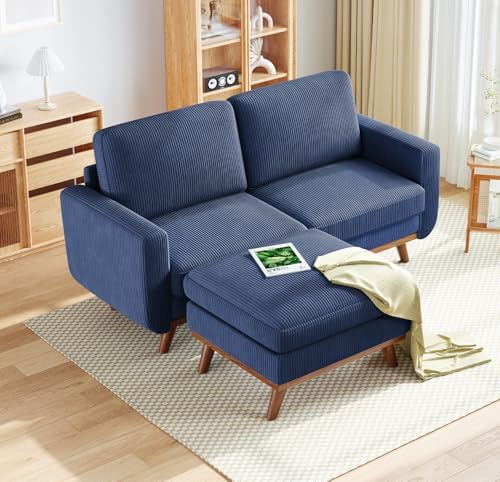 Vesgantti 68" Loveseat Sofa with Movable Ottoman, Comfy Corduroy Couch with Spring Cushion, Sofa Couch with Solid Wood, Modern Office Sofa with Deep Seat for Living Room and Bedroom, Dark Blue by Vesgantti