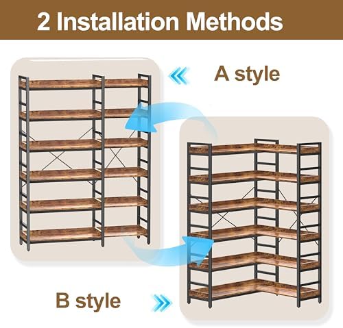 HCHQHS Adjustable Book Shelf with 8 Hooks, Reversible Corner Bookshelf, Industrial Wooden and Metal Bookcase for Living Room, Bedroom, Home Office (Rustic Brown, 6 Tier) - Image 4
