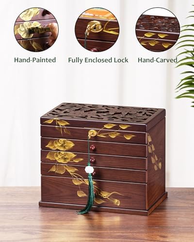 Painted Wooden Jewelry Box for Women, 6-Layer Vintage Organizer with Lock - Image 2