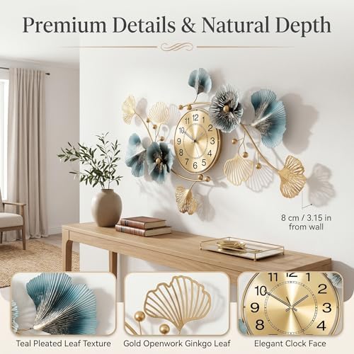 36" 3D Ginkgo Leaf Metal Wall Clock for Home Wall Decor - Image 5