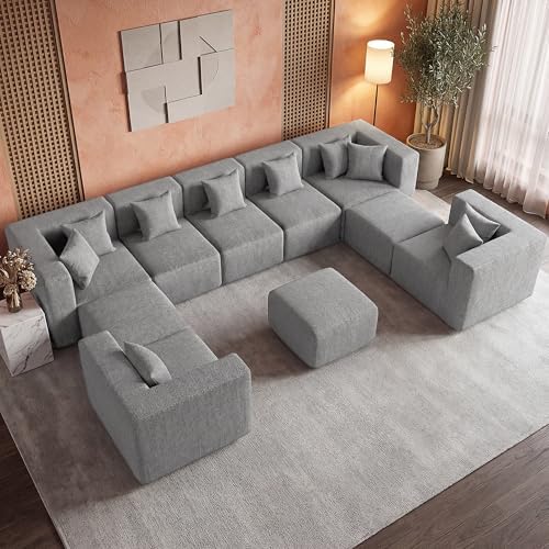 MONVANE Modular Sectional Sofa, Oversized 10 Seat Convertible U Shaped Couch with Ottoman, Comfy Chenille Deep Seat Cloud Couch, Sectional Couches for Living Room, No Assembly Required, Light Grey - Image 2