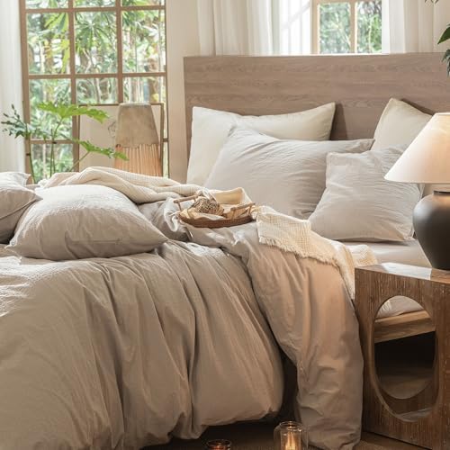 MooMee Wavy Striped Duvet Cover Set 100% Washed Cotton Linen Like Textured Breathable Durable Soft Comfy (Beige, Alaska King 132"x120") - Image 3