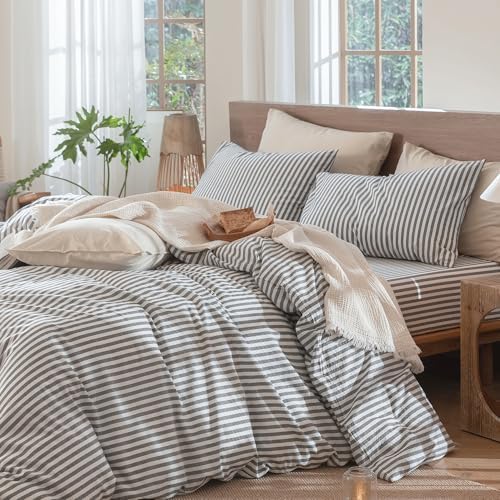 MooMee Striped Duvet Cover Set 100% Washed Cotton Linen Like Queen - Image 3