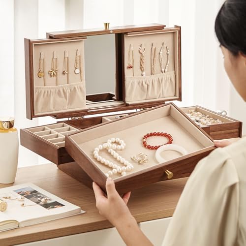 Walnut Wooden Jewelry Box for Women, with Mirror, 3 Layer - Image 2