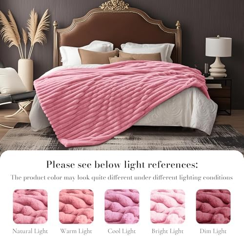 Amélie Home Soft Striped Faux Fur Throw Blanket for Couch, Pink, 55"x70" - Image 4
