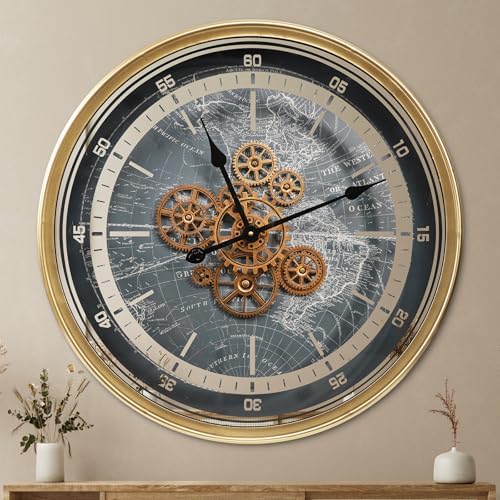October Elf Large Real Moving Gears Wall Clock 24 Inch with World Map by Buy+now