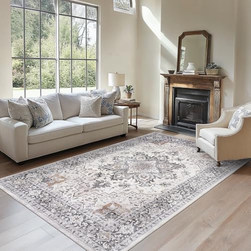 Amada 6x9 Washable Area Rug for Dining Room, Taupe, Boho Vintage Pattern by AMADAHOMEFURNISHING