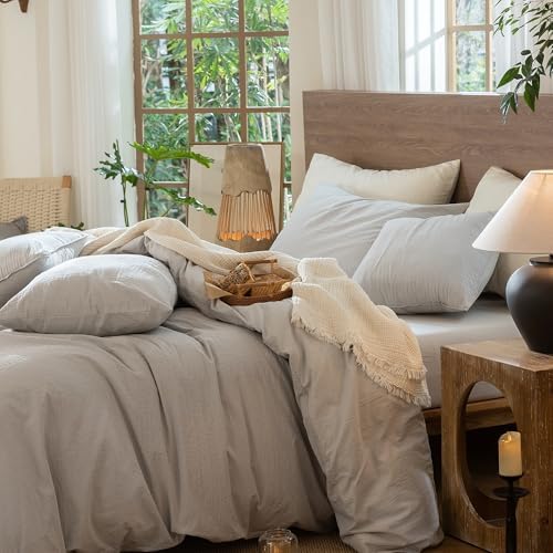 MooMee Wavy Striped Duvet Cover Set 100% Washed Cotton Linen Like Textured Breathable Durable Soft Comfy (Light Grey, Twin 68"x90") - Image 5