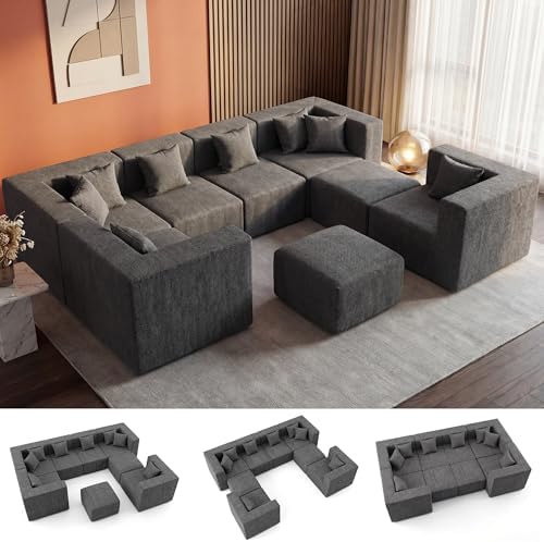 MONVANE Modular Sectional Sofa, Oversized 8 Seat Convertible U Shaped Couch with Ottoman, Comfy Chenille Cloud Couch with Deep Seat, Sectional Couches for Living Room, No Assembly Required, Grey by MONVANE