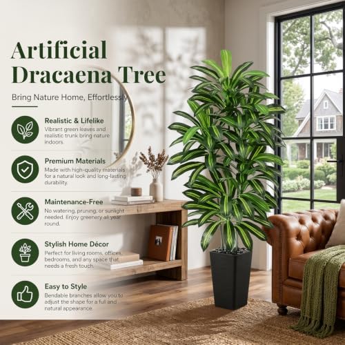 Artificial Dracaena Tree 5FT / Black Planter, Tall Plants Indoor - Image 3