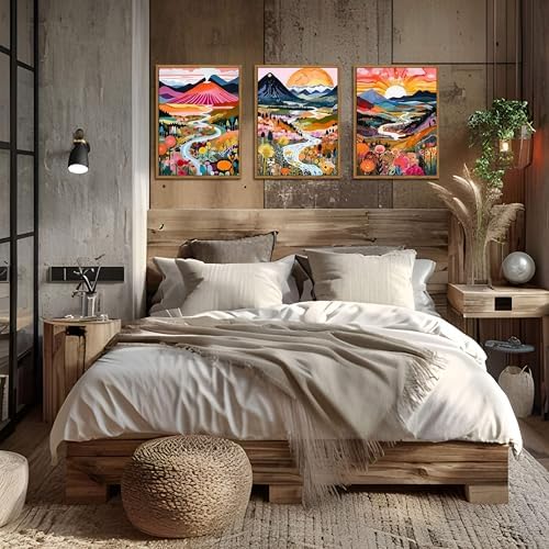 Floating Framed Boho Colorful Wall Art, Abstract Watercolor Mountain Landscape Wall Decor Painting Set of 3, Modern Flower Aesthetic Posters Prints for Living Room Bathroom Bedroom 12x16 Inch - Image 4