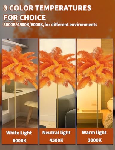 Feather Floor Lamp,Fluffy Ostrich Feather Floor Lamp for Bedroom,3 Color Temperatures Led Corner Modern Floor Lamps for Living Room Christmas Home Decor House Warming Gifts,63″ Height (Orange) - Image 3