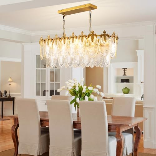 KELUOLY Rectangular Crystal Glass Dining Room Chandelier, 8 Light Gold Chandeliers Lighting Fixture, L33.5'' Height Adjustable Oval Ceiling Pendant Light for Office Coffee Over Table Kitchen Island - Image 2
