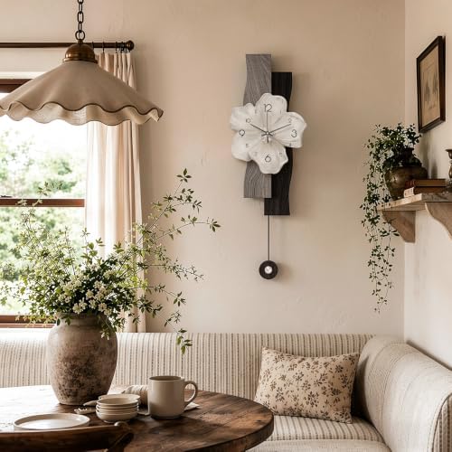 Flower Wall Clocks Battery Operated Decorative with Pendulum 9*24in,Grey - Image 5