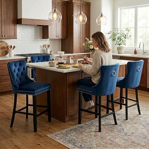 SoarFlash Modern Velvet Upholstered Bar Stools Set of 4 with Wood Legs, Button Tufted,Chrome Nailhead, Counterstool Seat, Armless Bar Chairs (Blue) - Image 3