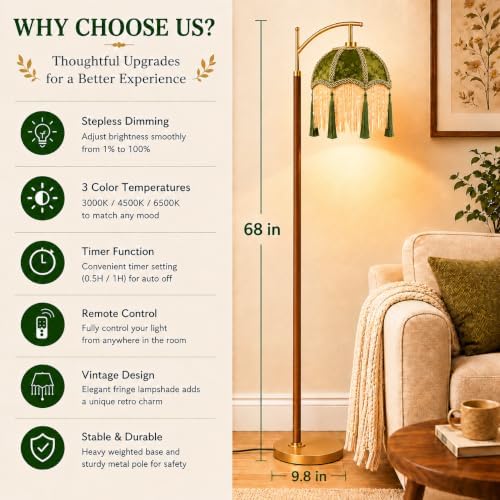 Vintage Floor Lamp for Living Room,Wood Gold Remote Dimmable Standing Lamps with Victorian Fringe Green,Arc Corner Tall Floor Light for Bedroom,Office,Boho Farmhouse Mid Century Modern Decor - Image 5
