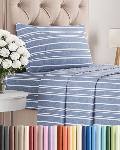 Twin Size 3 Piece Sheet Set - Breathable & Cooling Sheets - Blue Stripes by CGKUnlimited