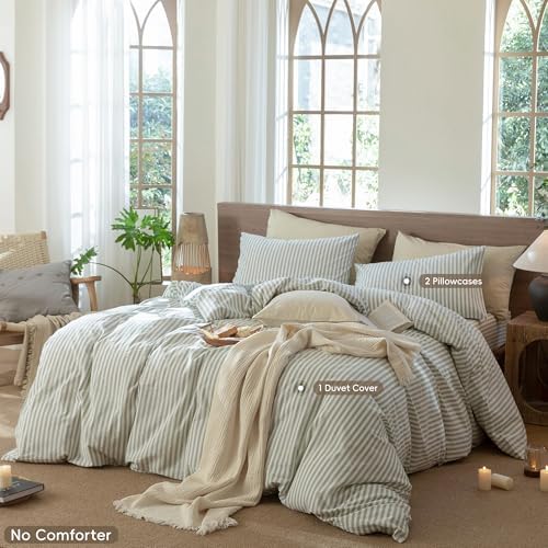 MooMee Striped Duvet Cover Set 100% Washed Cotton Linen Like - Image 2