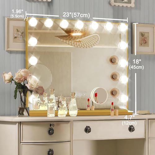 Ratsamee Gold Hollywood Vanity Mirror with Lights, 15 Dimmable Bulbs, 3 Color Lights,Make Up Lighted Mirror, Aluminum Metal Frame, USB Charging Port（23" x 18"） - Image 6