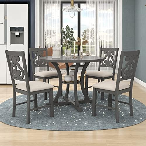 Harper & Bright Designs Retro Style Round Kitchen Dining Table Set for 4, 5 Piece Round Dining Table and 4 Fabric Chairs with Special-Shaped Table Legs and Storage Shelf, Gray by HarperBrightDesigns