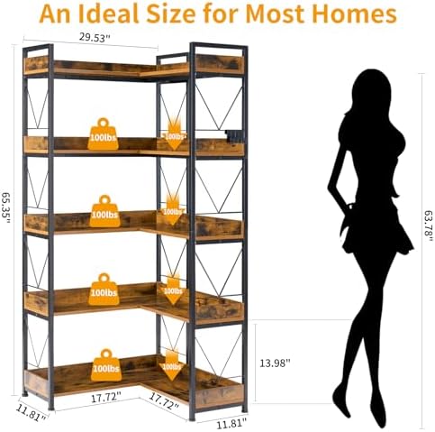 DUMOS 65 inch L Shaped Bookshelf, 5 Tier Corner Bookcase with Hooks and Edge, Industrial Pantry Shelves with Metal Frame, Wooden Open Storage for Living Room, Home Office, Bedroom, Rustic Brown - Image 3