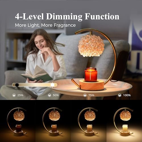 Yeuslor Gold Candle Warmer Lamp for Jar Candles with Adjustable Brightness＆Timer，Handcrafted Crystal＆Wooden Base, Luxurious Design,Home Decoration Electric Candle lamp(C-Shaped) - Image 4