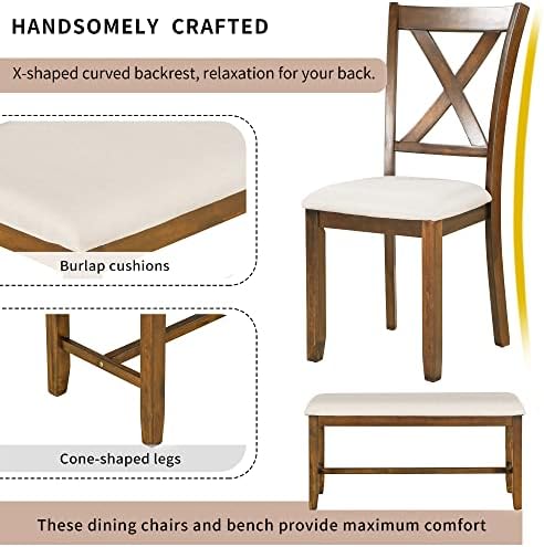 6-Piece Dining Room Table Set, Rustic Farmhouse Wood Dining Table Set with Rectangular Table 4 Upholstered Padded Chairs and 1 Padded Bench, Dining Set for Family of 4-6 People - Image 7