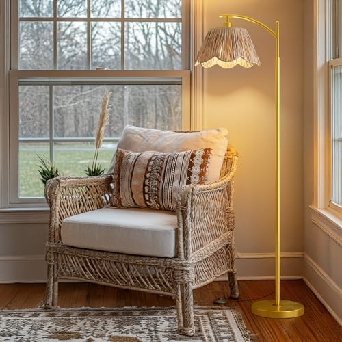 Oneach Boho Floor Lamp with 3 Color Temperatures, Farmhouse Floor Lamps for Living Room with Remote & Dimmable Bulb, Rattan Floor Lamp for Bedroom, Gold - Image 2