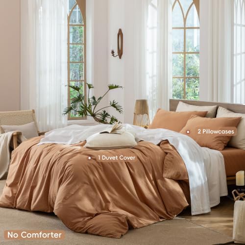 MooMee Striped Duvet Cover Set 100% Washed Cotton Linen Like Queen - Image 2