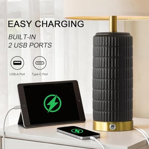 PoKat Ceramic Table Lamps Set of 2 for Living Room, 25'' Modern Touch Bedside Lamps for Bedroom with 2 USB Ports, Farmhouse Black Matte-Textured Nightstand Lamps Office Home Decor (Bulbs Included) - Image 4