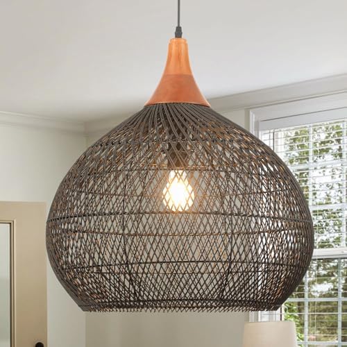 Large Black Rattan Pendant Light, 20" Rattan Chandelier Hand-Woven Wicker Pendant Light Fixtures with Solid Wood, Basket Hanging Lighting for Dining Room Kitchen Island Living Room by Karjearl