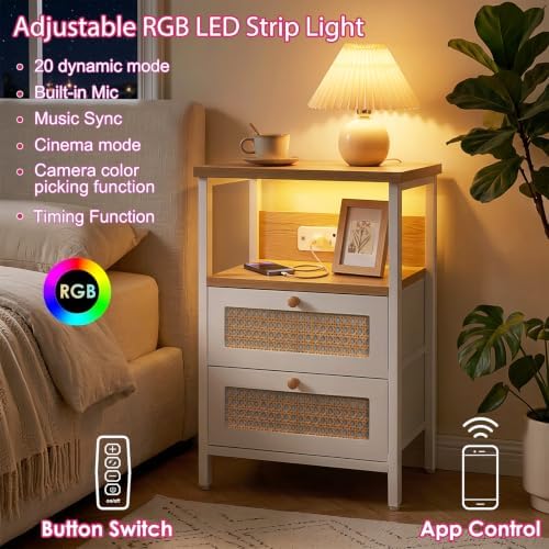 Fixwal Night Stand with Charging Station, Led Nightstand, 2 Fabric Drawers - Image 3