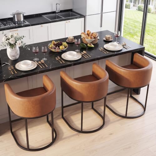 Counter Height Bar Stools Set of 3, Modern Counter Stools for Dining Room, 24 Inch Barstools for Kitchen Island, Faux Leather Bar Stool with Metal Legs and Back Footrest, Brown by KRAMZMINGQualityHome