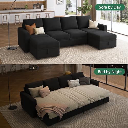 HONBAY Modular Sectional Sleeper Sofa Bed, Velvet Sectional Couch with Pull Out Bed U Shaped Modular Couch with Storage Ottoman for Living Room, Black - Image 3