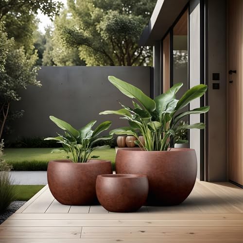 Kante Set of 3 Rusty Concrete Bowl Planters 19.9" 15.7" 11.8" Dia - Image 5
