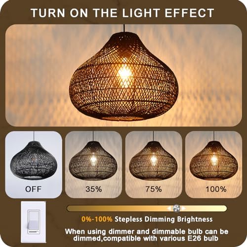 Karjear Black Rattan Chandelier, 16.5 inch Large Wicker Pendant Lights Fixture Hand-Woven Basket Hanging Light for Dining Room Kitchen Island Living Room - Image 4