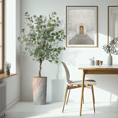 Artificial Tree in Modern Granite Effect Planter, Fake Eucalyptus Silk Tree for Indoor and Outdoor Home Decoration - 66" Overall Tall (Plant Pot Plus Tree) - Image 6