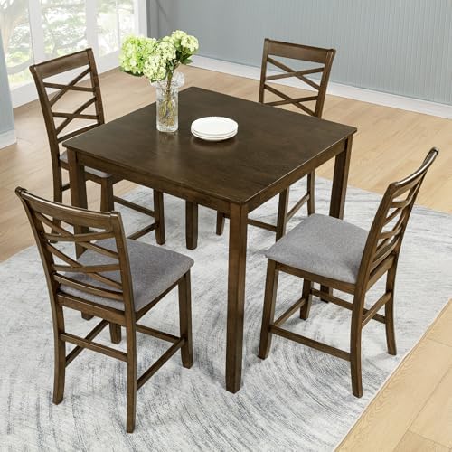 Harper & Bright Designs Counter Height Dining Table Set 5-Piece, 34.5" Square Wooden Table & 4 Upholstered Chairs, Modern Walnut Finish Counter Height Set for Kitchen, Dining Room, Small Spaces by HarperBrightDesigns