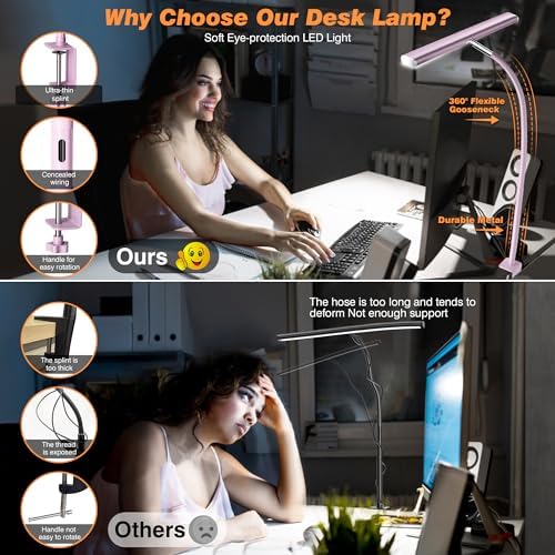 Airlonv LED Desk Lamp with Clamp, 17" Stepless Dimming Light (Pink) - Image 4