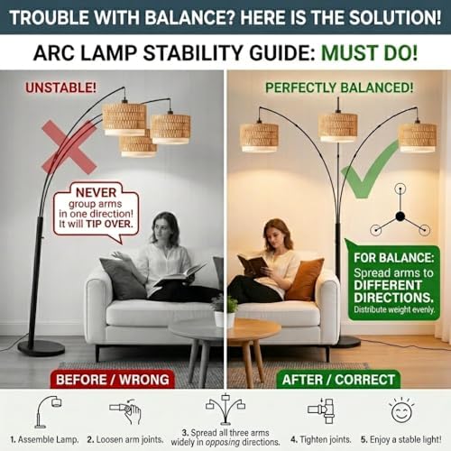 Black Arc Floor Lamp for Living Room, Boho Floor Lamp with Stepless Dimmable Switch, Rattan Standing Lamp with Wicker&Fabric Shade, Farmhouse Tall Lamp for Bedroom Over Couch Corner Reading - Image 6