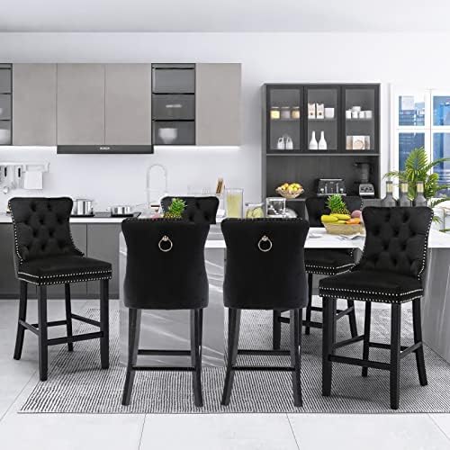 SoarFlash Modern Velvet Upholstered Bar Stools Set of 6 with Wood Legs, Button Tufted,Chrome Nailhead, Counterstool Seat, Armless Bar Chairs (Black) - Image 5