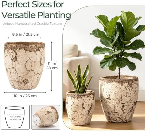 11" H x 10" Dia Fiberstone Planter Pot with Drainage Hole, Handcrafted Distressed Decorative Flower Pot for Indoor Outdoor Plants, Rustic Earthy Brown Boho Planter for Patio, Garden & Home - Image 4