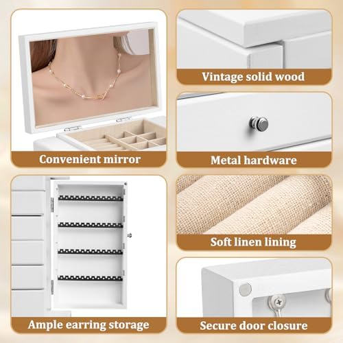 Emfogo Wooden Jewelry Box for Women, 6-Tier Large Jewelry Organizer Boxes with Mirror Rustic Solid Wood jewlery Storage for Rings Earrings Necklaces Bracelets watches(White) - Image 7